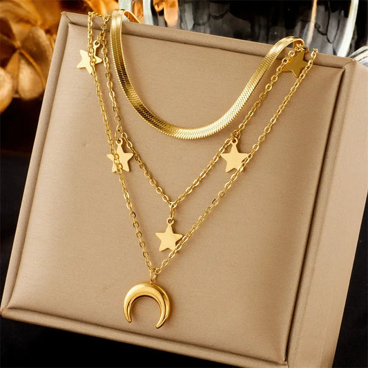 Wholesale Jewelry Simple Style Star Moon Titanium Steel Chain Pendant Necklace