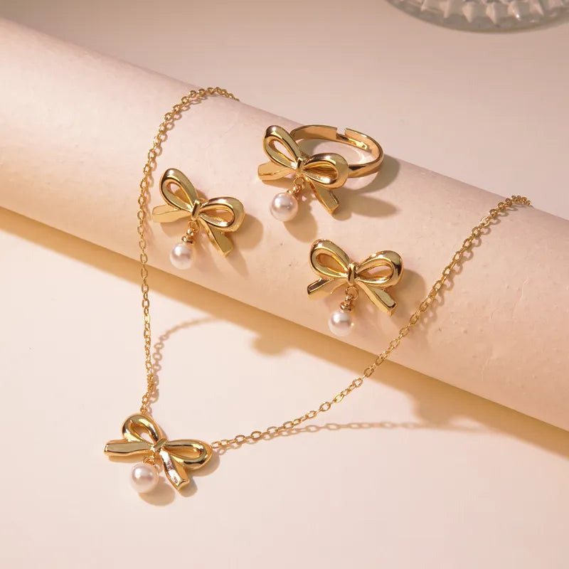 Wholesale Jewelry Simple Style Streetwear Commute Bow Knot 304 Stainless Steel 18K Gold Plated Rings Earrings Necklace