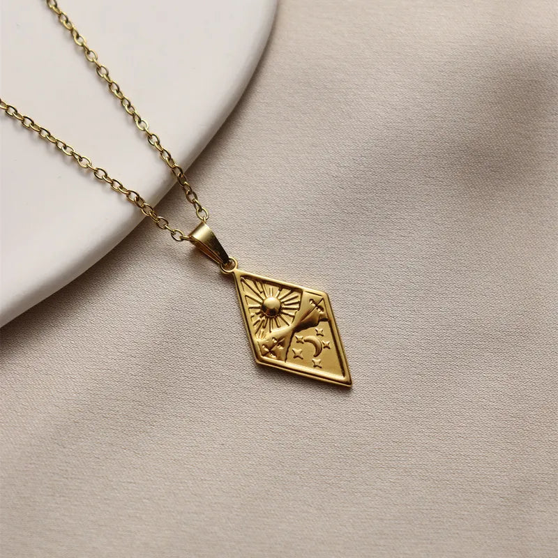 Wholesale Jewelry Simple Style Sun Moon Rhombus 304 Stainless Steel 18K Gold Plated Plating Pendant Necklace