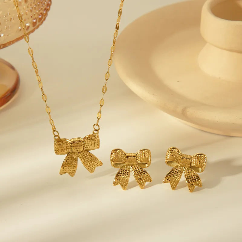 Wholesale Jewelry Sweet Commute Bow Knot 304 Stainless Steel 18K Gold Plated Casting Earrings Necklace