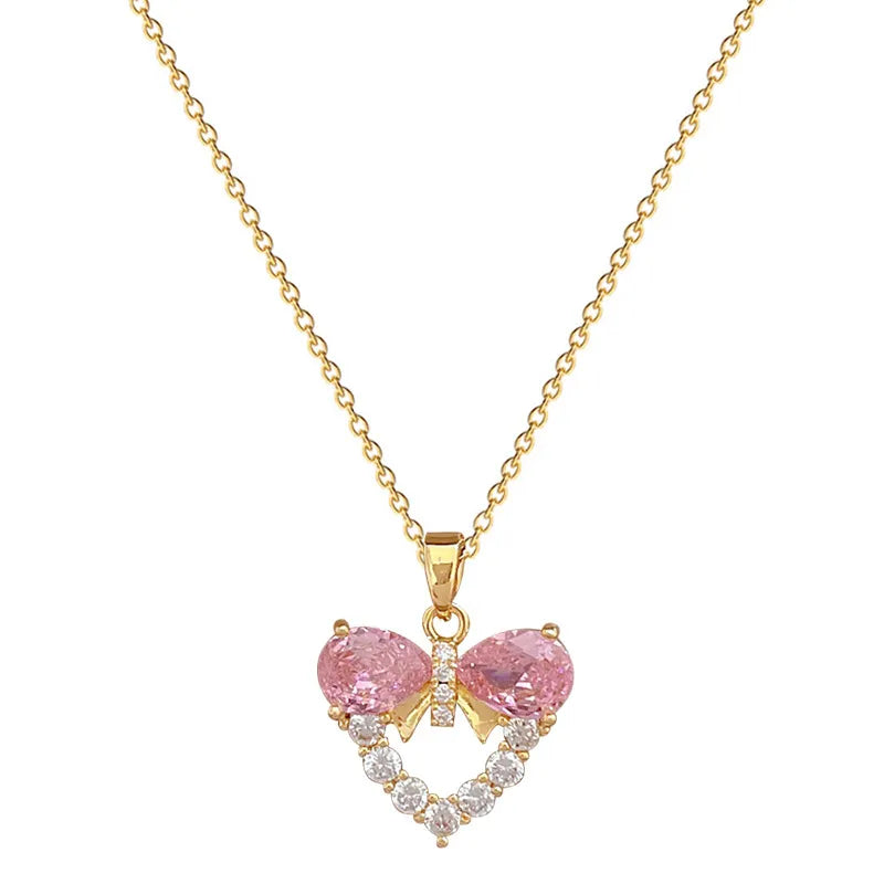 Wholesale Jewelry Sweet Heart Shape Bow Knot Titanium Steel Copper Zircon Gold Plated Inlay Pendant Necklace