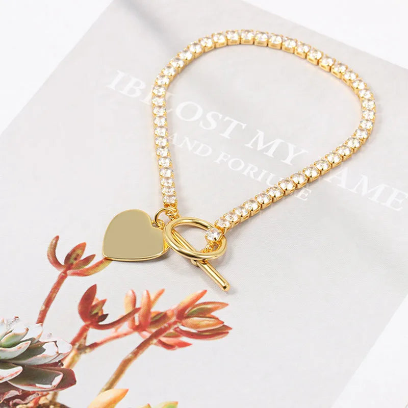 Wholesale Jewelry Sweet Heart Shape Copper Zircon K Gold Plated White Gold Plated Toggle Inlay Bracelets Tennis Chain