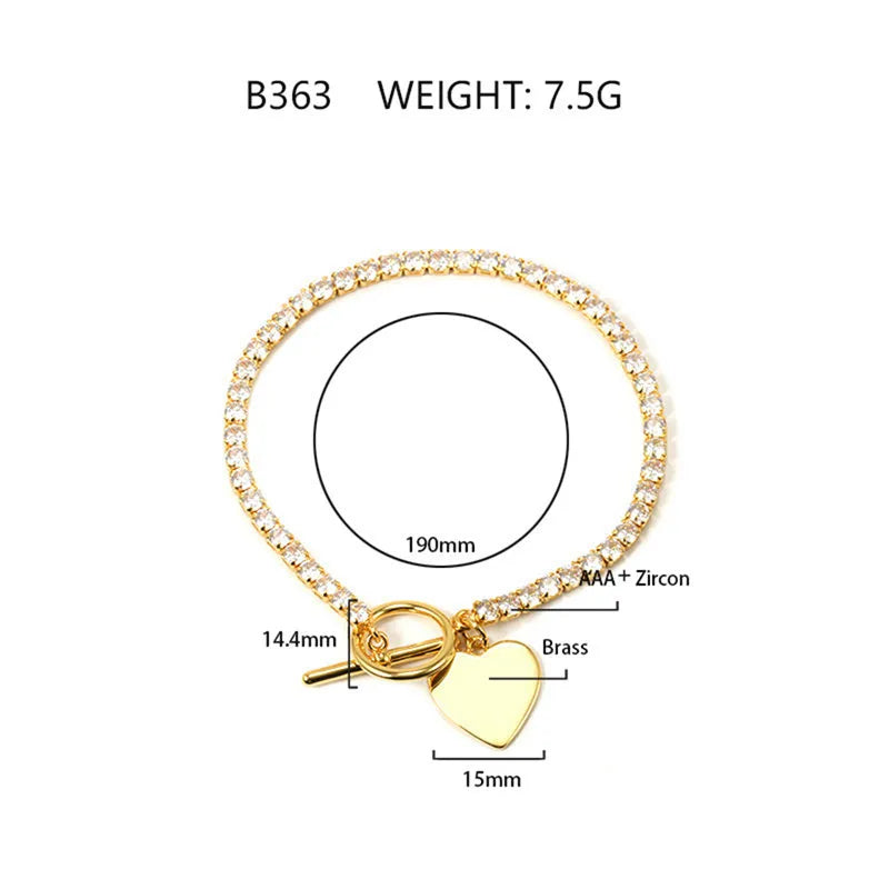 Wholesale Jewelry Sweet Heart Shape Copper Zircon K Gold Plated White Gold Plated Toggle Inlay Bracelets Tennis Chain