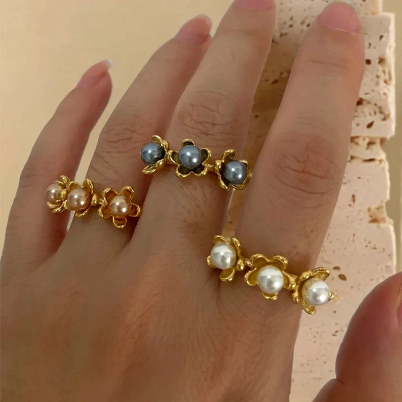 Wholesale Jewelry Sweet IG Style Flower 316L Stainless Steel 18K Gold Plated Open Rings