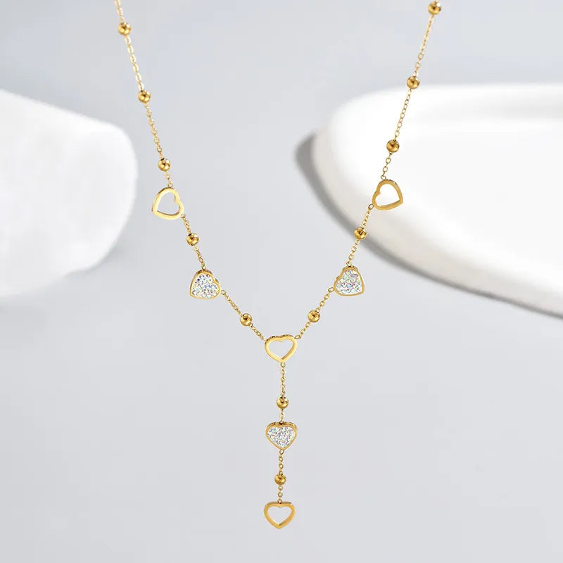 Wholesale Jewelry Sweet Simple Style Heart Shape 304 Stainless Steel Rhinestones 14K Gold Plated Polishing Inlay Necklace