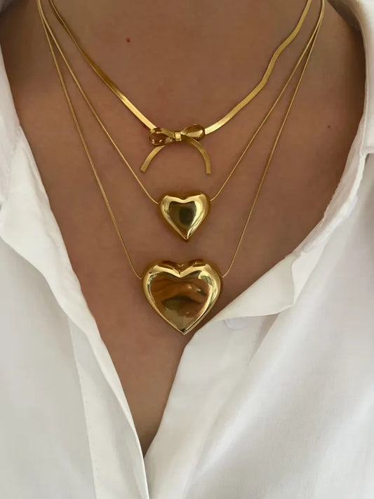 Wholesale Jewelry Sweet Simple Style Heart Shape Bow Knot 316L Stainless Steel 18K Gold Plated Pendant Necklace Necklace