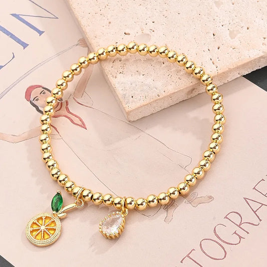 Wholesale Jewelry Tropical Simple Style Lemon Fruit Grape Copper Zircon 18K Gold Plated Enamel Bracelets Beaded Chain