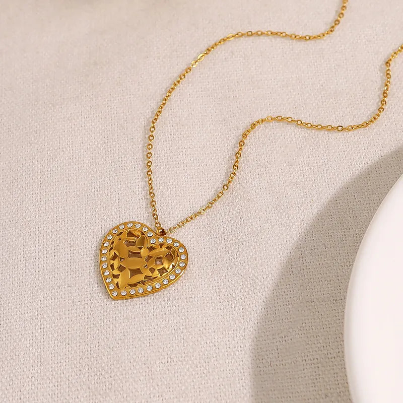 Wholesale Jewelry Vacation French Style Heart Shape 304 Stainless Steel Zircon 18K Gold Plated Pendant Necklace