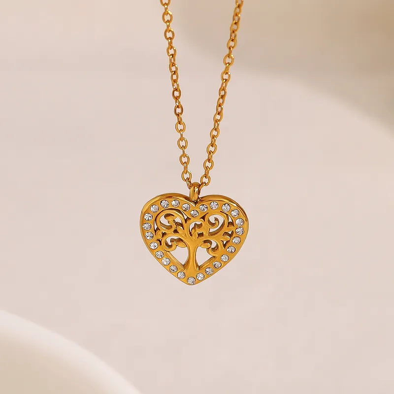 Wholesale Jewelry Vacation French Style Heart Shape Life Tree 304 Stainless Steel Zircon 18K Gold Plated Pendant Necklace