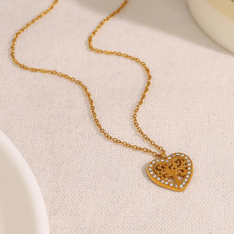 Wholesale Jewelry Vacation French Style Heart Shape Life Tree 304 Stainless Steel Zircon 18K Gold Plated Pendant Necklace