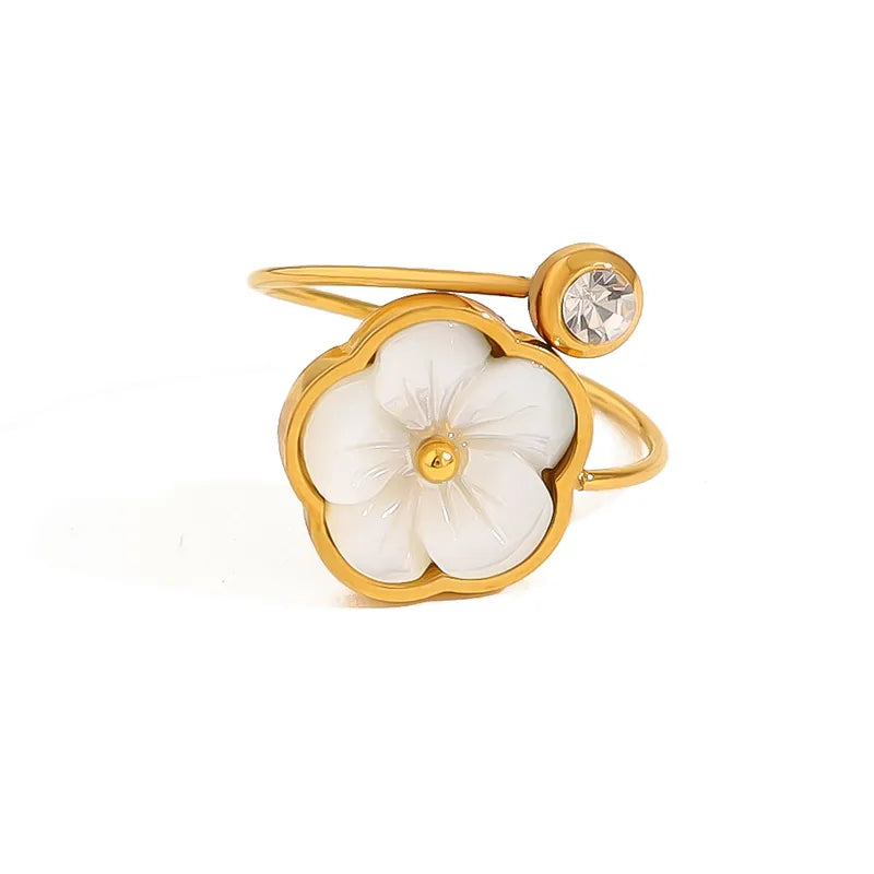 Wholesale Jewelry Vacation French Style IG Style Flower 304 Stainless Steel Zircon 18K Gold Plated Plating Inlay Open Rings