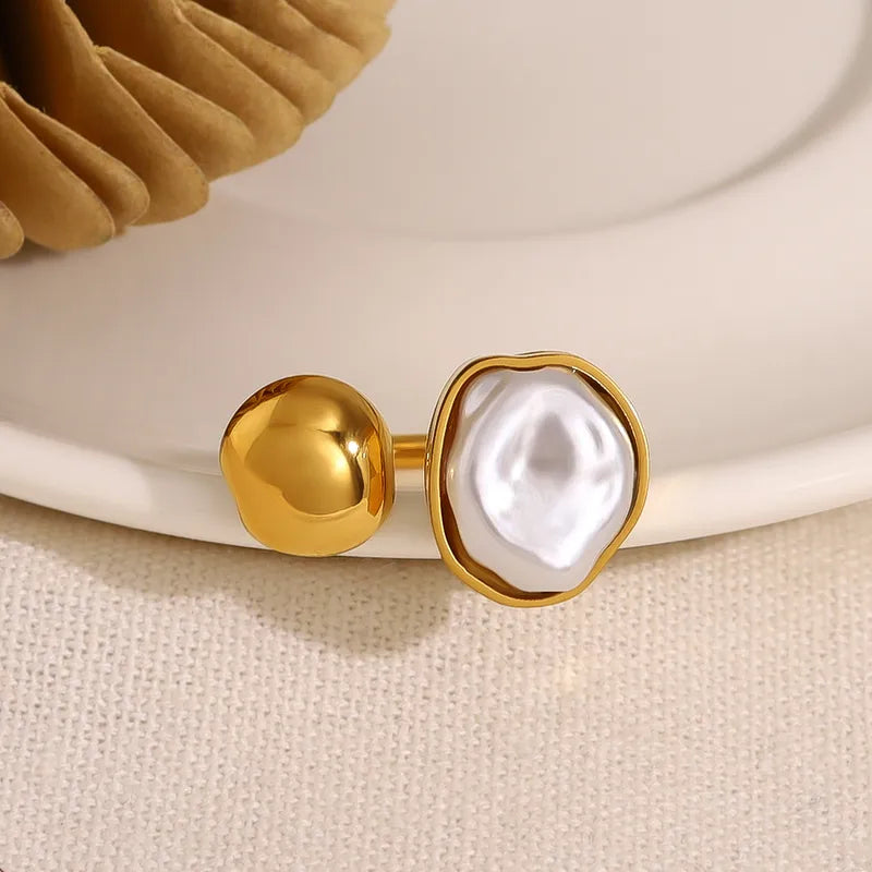 Wholesale Jewelry Vacation French Style IG Style Geometric 304 Stainless Steel Artificial Pearls 18K Gold Plated Plating Inlay Open Rings