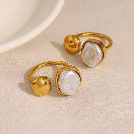 Wholesale Jewelry Vacation French Style IG Style Geometric 304 Stainless Steel Artificial Pearls 18K Gold Plated Plating Inlay Open Rings