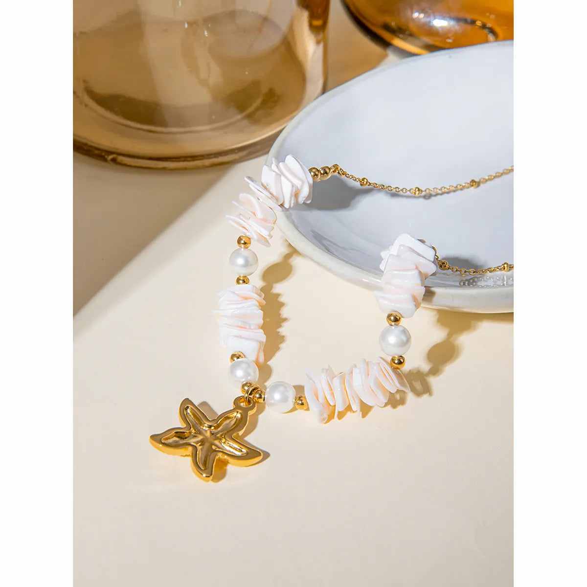 Wholesale Jewelry Vacation Marine Style Starfish Shell 304 Stainless Steel 18K Gold Plated Beaded Pendant Necklace