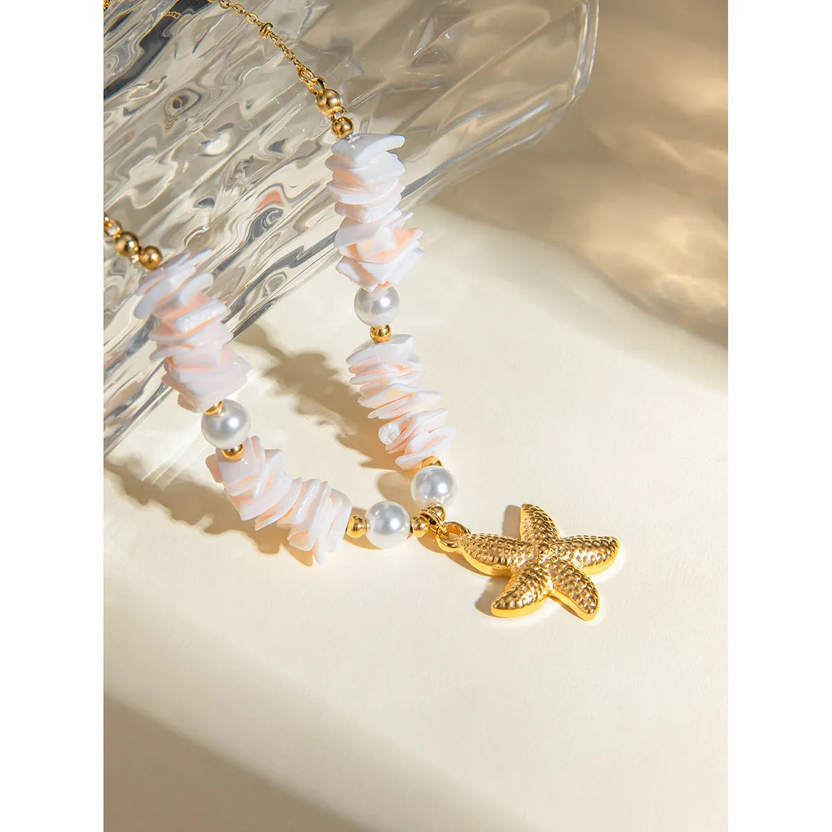 Wholesale Jewelry Vacation Marine Style Starfish Shell 304 Stainless Steel 18K Gold Plated Beaded Pendant Necklace