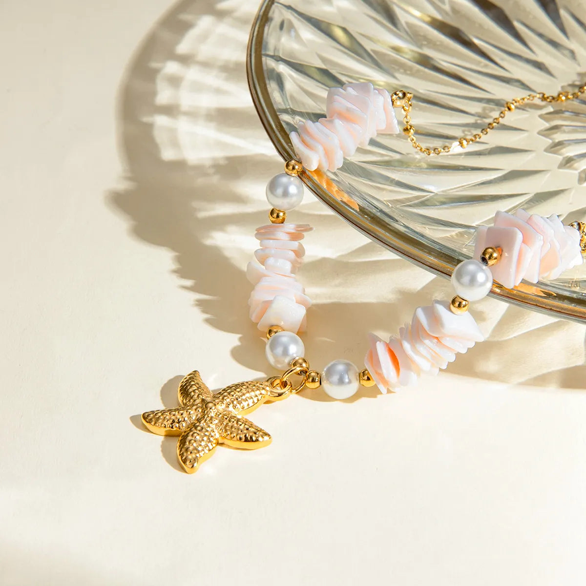 Wholesale Jewelry Vacation Marine Style Starfish Shell 304 Stainless Steel 18K Gold Plated Beaded Pendant Necklace