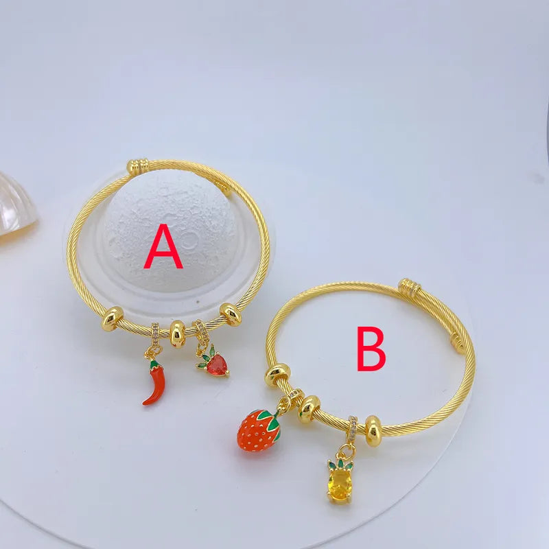 Wholesale Jewelry Vacation Modern Style Fruit Strawberry Banana Copper 18K Gold Plated Polishing Enamel Plating Bangle