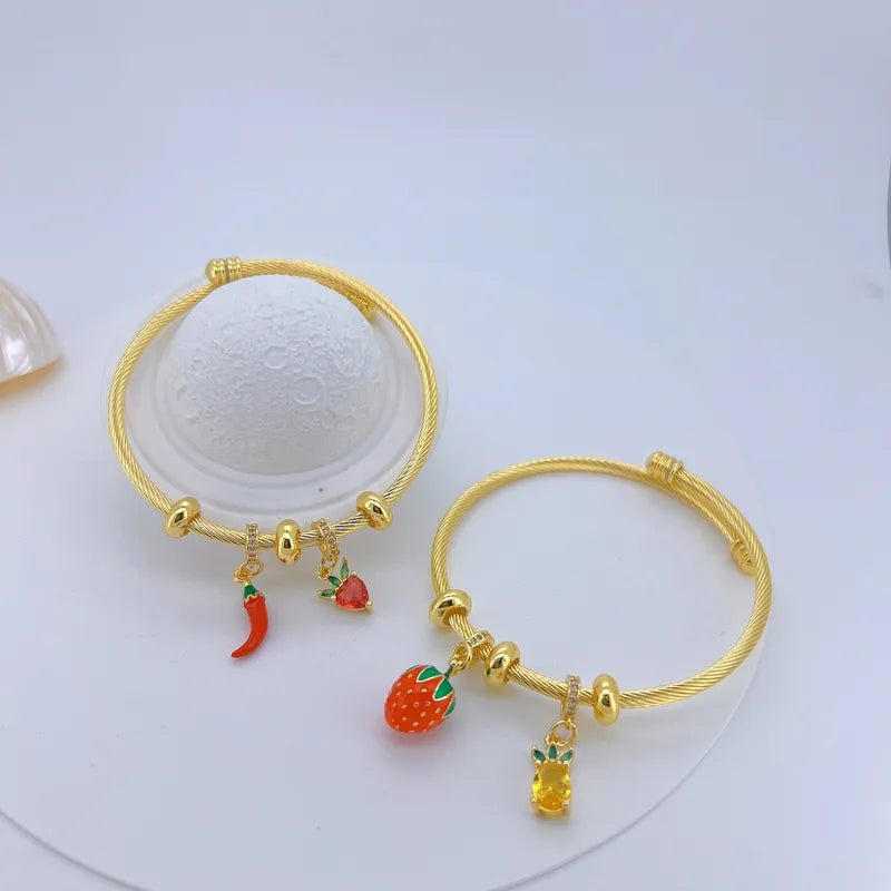 Wholesale Jewelry Vacation Modern Style Fruit Strawberry Banana Copper 18K Gold Plated Polishing Enamel Plating Bangle