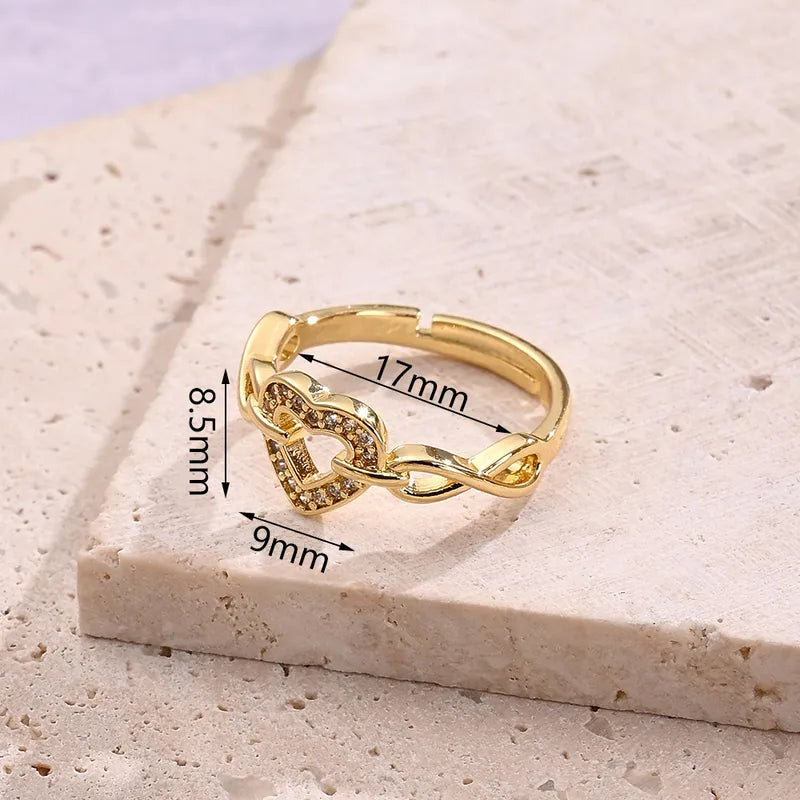 Wholesale Jewelry Vacation Modern Style Heart Shape Copper Zircon 18K Gold Plated Polishing Plating Inlay Rings