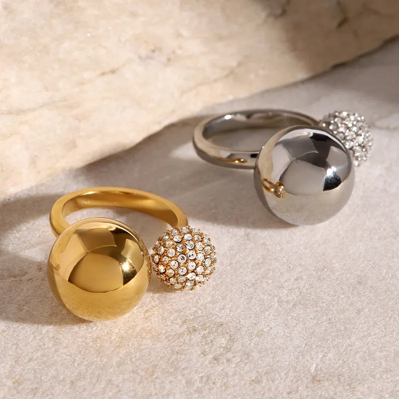 Wholesale Jewelry Vacation Simple Style IG Style Ball 316 Stainless Steel Rhinestones 18K Gold Plated Inlay Open Rings