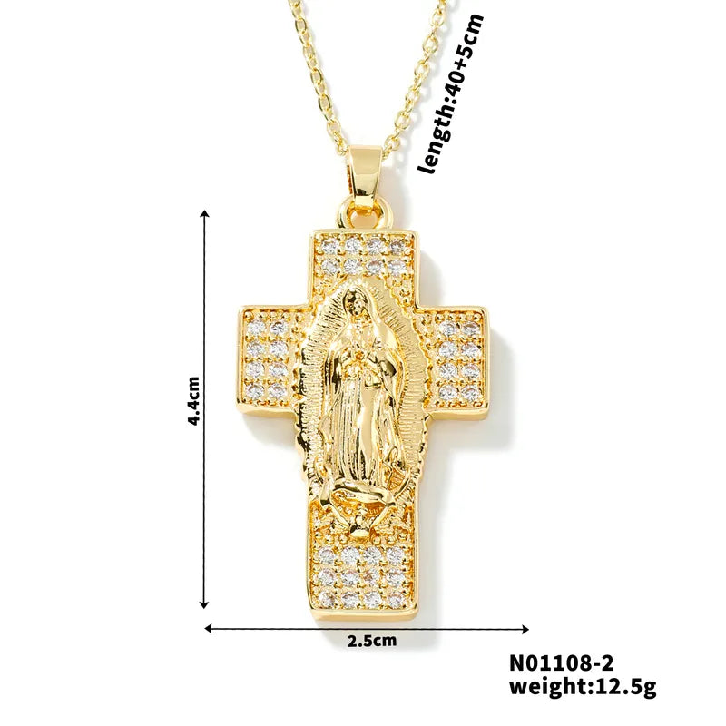 Wholesale Jewelry Vintage Style Classic Style Artistic Human Cross Round 304 Stainless Steel Copper Zircon K Gold Plated Inlay Pendant Necklace