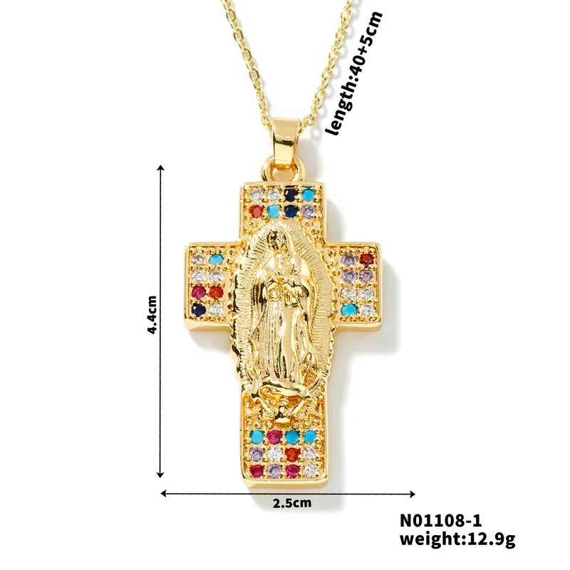 Wholesale Jewelry Vintage Style Classic Style Artistic Human Cross Round 304 Stainless Steel Copper Zircon K Gold Plated Inlay Pendant Necklace