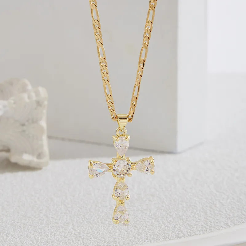 Wholesale Jewelry Vintage Style Classic Style Cross Copper Zircon 18K Gold Plated Pendant Necklace