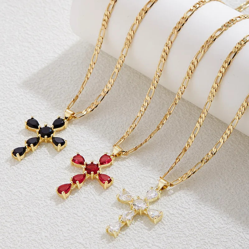 Wholesale Jewelry Vintage Style Classic Style Cross Copper Zircon 18K Gold Plated Pendant Necklace