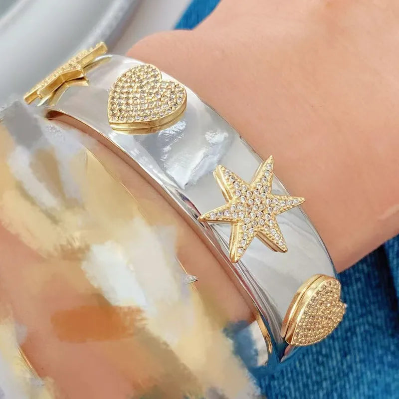 Wholesale Jewelry Vintage Style Classic Style Star Moon Heart Shape Copper Zircon Mixed Metal Plating Bangle