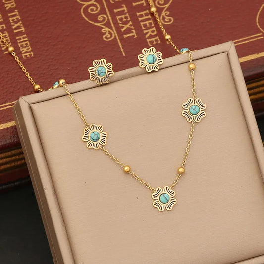 Wholesale Jewelry Vintage Style Commute Flower 304 Stainless Steel 18K Gold Plated Bracelets Necklace