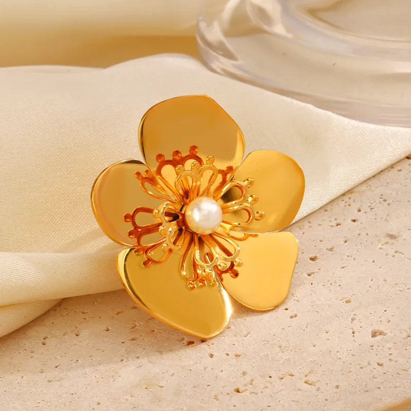 Wholesale Jewelry Vintage Style Flower 304 Stainless Steel Artificial Pearls 18K Gold Plated Plating Inlay Open Rings