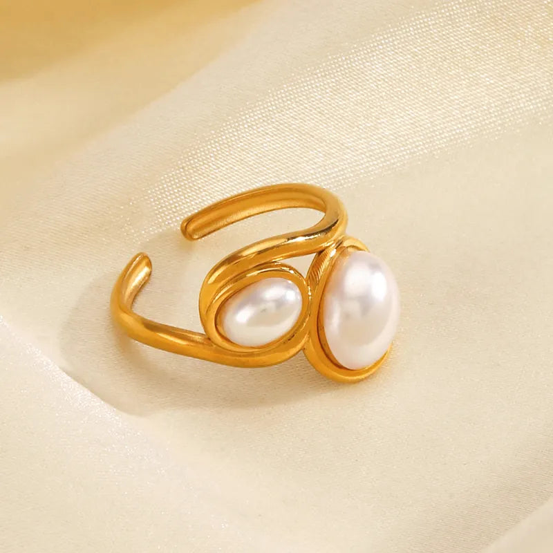 Wholesale Jewelry Vintage Style Irregular Lines 304 Stainless Steel Artificial Pearls 18K Gold Plated Plating Inlay Open Rings