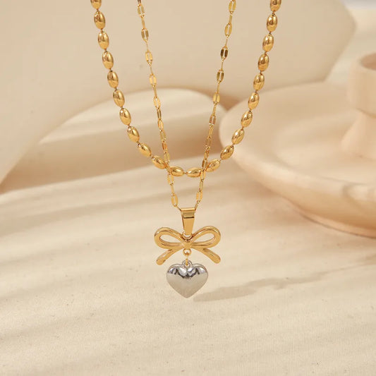 Wholesale Jewelry Vintage Style Romantic Commute Bow Knot 304 Stainless Steel Zircon 18K Gold Plated Inlay Pendant Necklace