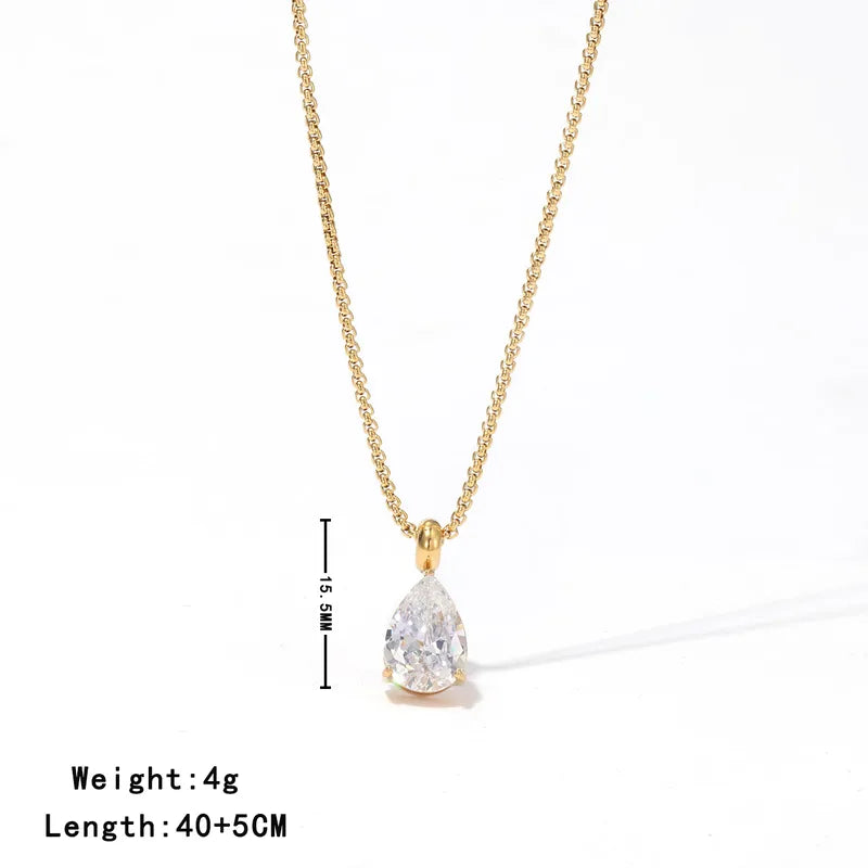 Wholesale Jewelry Vintage Style Shiny Water Droplets 304 Stainless Steel Zircon 16K Gold Plated Inlay Pendant Necklace Box Chain