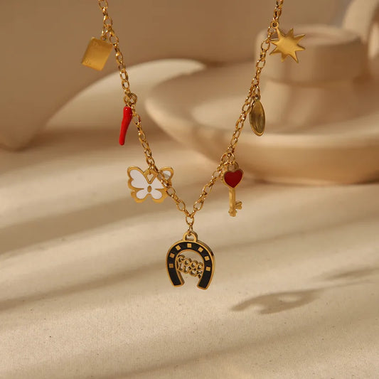 Wholesale Jewelry Vintage Style Simple Style Artistic Elephant Butterfly Bow Knot 304 Stainless Steel Natural Stone 18K Gold Plated Epoxy Pendant Necklace