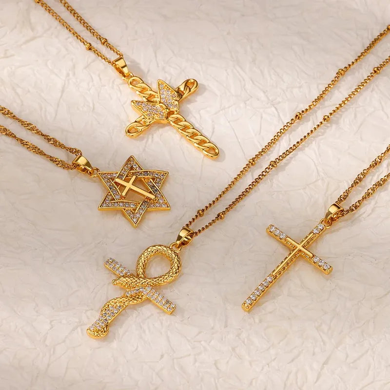 Wholesale Jewelry Vintage Style Simple Style Cross Snake Bow Knot 304 Stainless Steel Zircon Plating Pendant Necklace Cable Chain