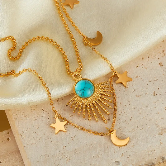 Wholesale Jewelry Vintage Style Star Moon 304 Stainless Steel Natural Stone Layered Plating Pendant Necklace