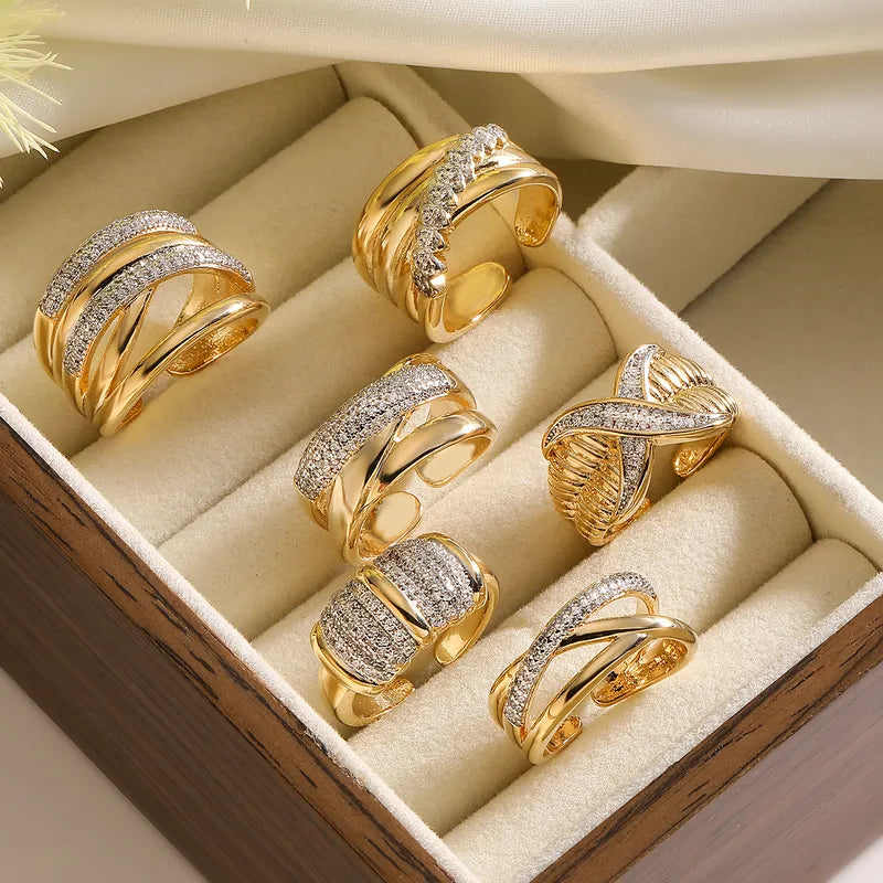 Wholesale Retro Geometric Solid Color Copper Inlay 18K Gold Plated Zircon Open Rings