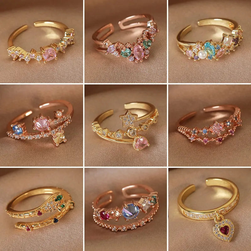 Wholesale Simple Style Shiny Star Water Droplets Heart Shape Copper Inlay White Gold Plated Gold Plated Zircon Open Rings