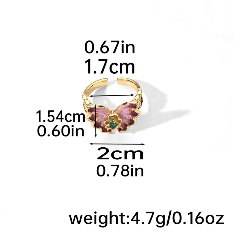 Wholesale Vacation Butterfly Copper Enamel Inlay 18K Gold Plated Zircon Open Rings