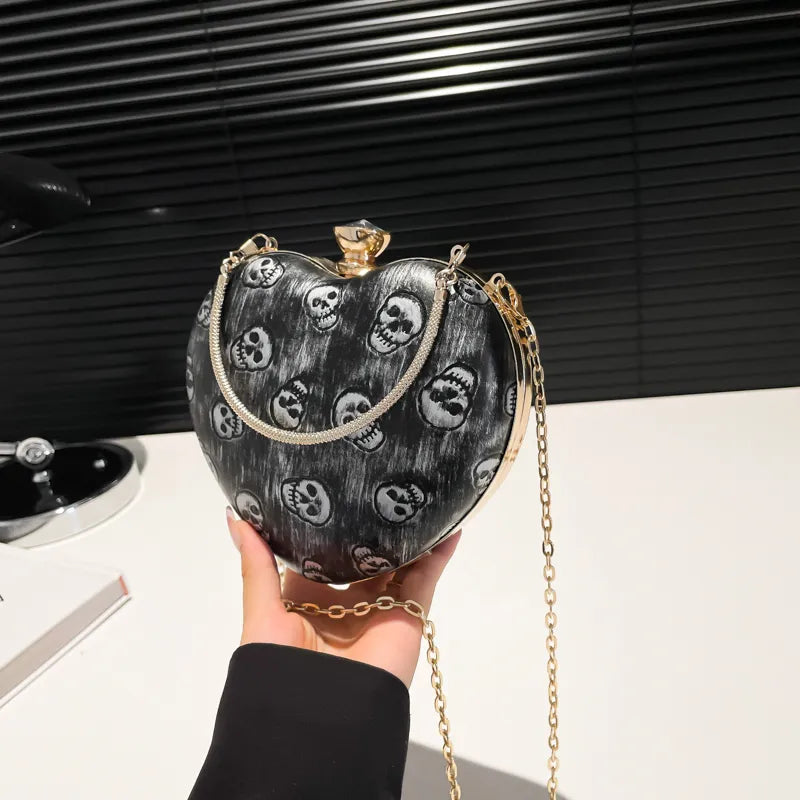 Women's Pu Leather Skull Streetwear Skull Heart-shaped Clipped Button Shoulder Bag Crossbody Bag