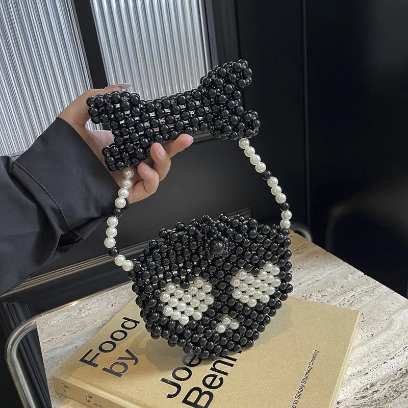 Women's Small Beaded Pearl Skull Cute Round Buckle Handbag