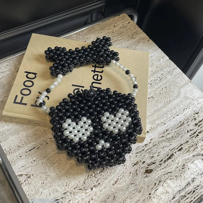 Women's Small Beaded Pearl Skull Cute Round Buckle Handbag