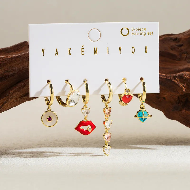 Simple Style Lips Cherry Heart Shape Copper 14k Gold Plated Zircon Drop Earrings In Bulk