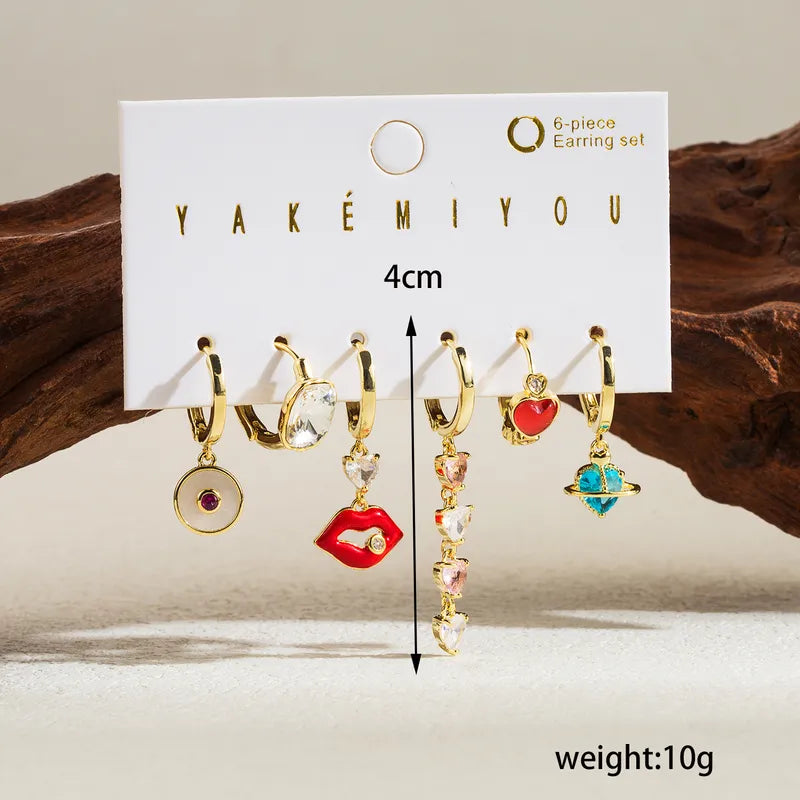 Simple Style Lips Cherry Heart Shape Copper 14k Gold Plated Zircon Drop Earrings In Bulk